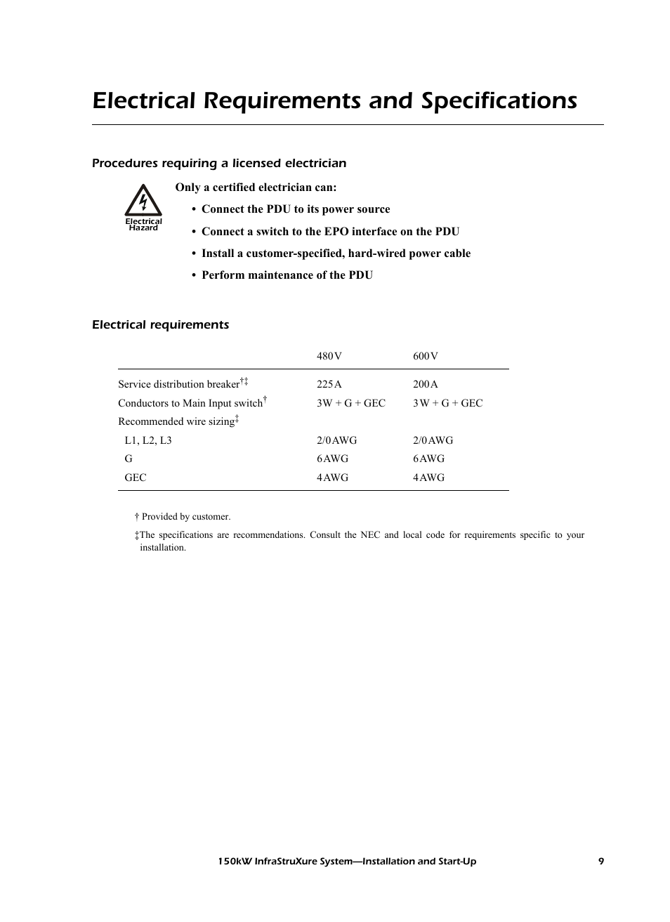 Electrical requirements and specifications, Procedures requiring a licensed electrician, Electrical requirements | American Power Conversion PDU User Manual | Page 17 / 54