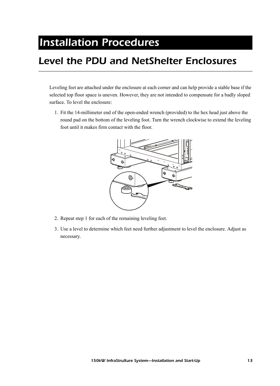 Installation procedures, Level the pdu and netshelter enclosures | American Power Conversion PDU User Manual | Page 21 / 54