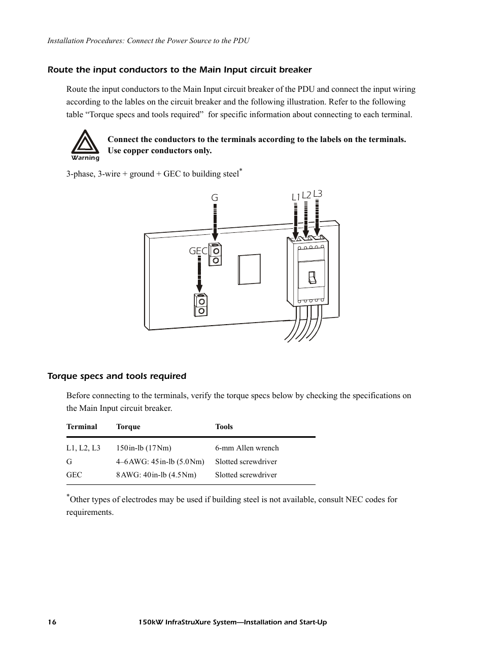 Torque specs and tools required, Gec g l1 l2 l3 | American Power Conversion PDU User Manual | Page 24 / 54