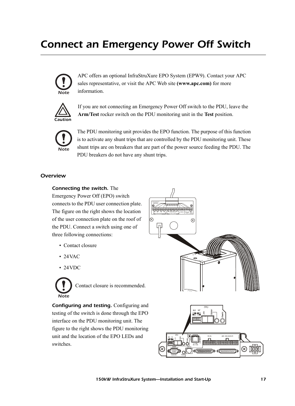 Connect an emergency power off switch, Overview, Contact closure is recommended | Connecting the switch, Configuring and testing, Caution | American Power Conversion PDU User Manual | Page 25 / 54
