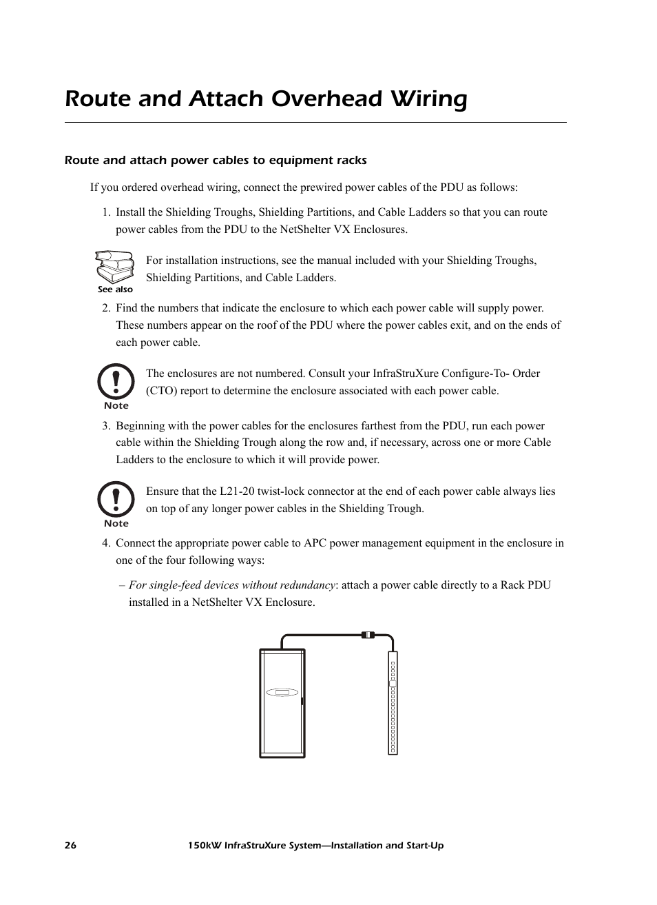 Route and attach overhead wiring, Route and attach power cables to equipment racks | American Power Conversion PDU User Manual | Page 34 / 54