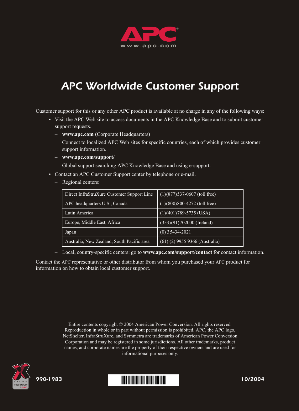 Apc worldwide customer support | American Power Conversion PDU User Manual | Page 54 / 54