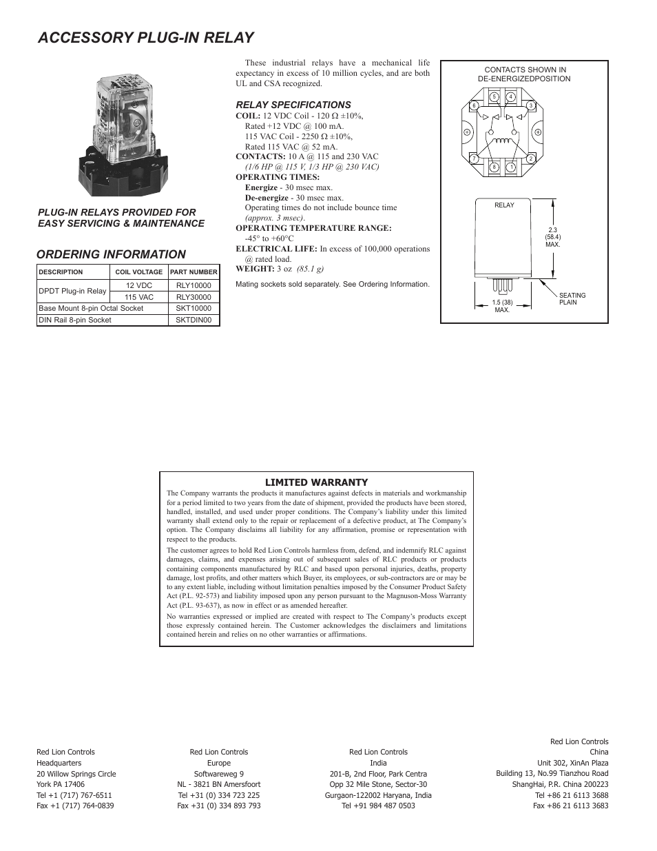 Accessory plug-in relay, Ordering information, Relay specifications | Limited warranty | Red Lion APS User Manual | Page 2 / 2
