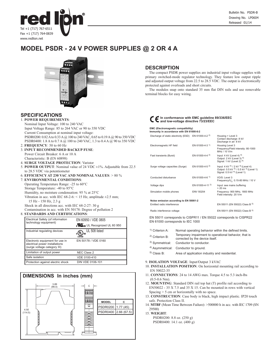 Red Lion PSDR 0400 User Manual | 2 pages