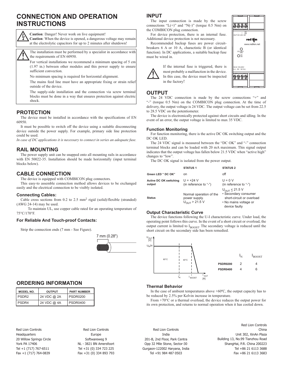 Connection and operation instructions, Protection, Rail mounting | Cable connection, Input, Output, Ordering information, Connecting cables, For reliable and touch-proof contacts, Function monitoring | Red Lion PSDR 0400 User Manual | Page 2 / 2