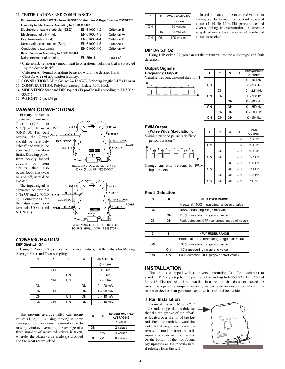 Wiring connections, Configuration, Installation | Dip switch s1, Dip switch s2, Output signals, Fault detection, T rail installation | Red Lion AFCM User Manual | Page 2 / 2