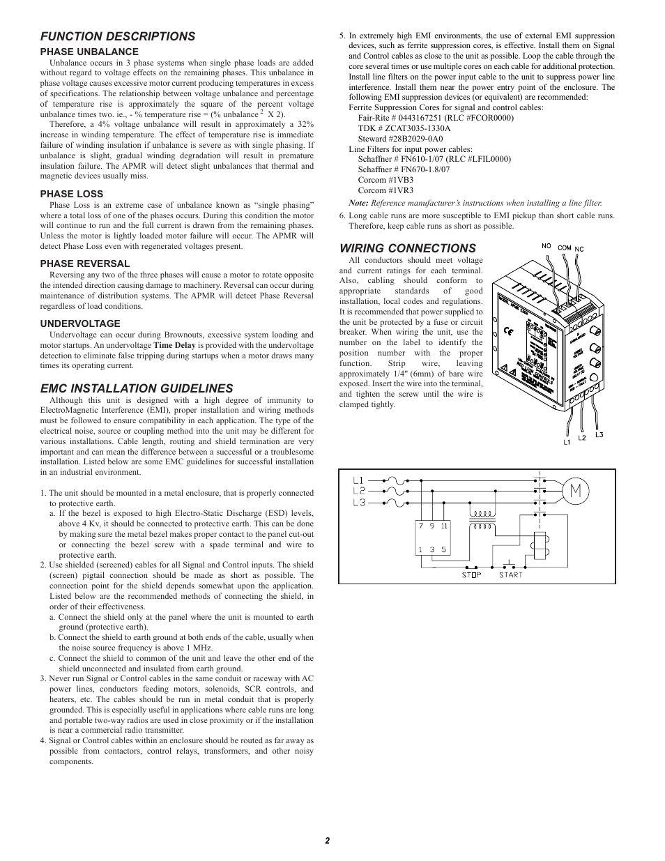 Wiring connections, Function descriptions, Emc installation guidelines | Red Lion APMR User Manual | Page 2 / 4