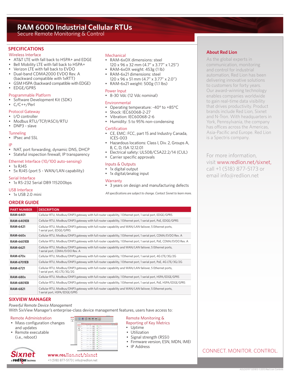 Ram 6000 industrial cellular rtus, Secure remote monitoring & control, Connect. monitor. control | Red Lion RA 6000 Cellular RTU User Manual | Page 2 / 2