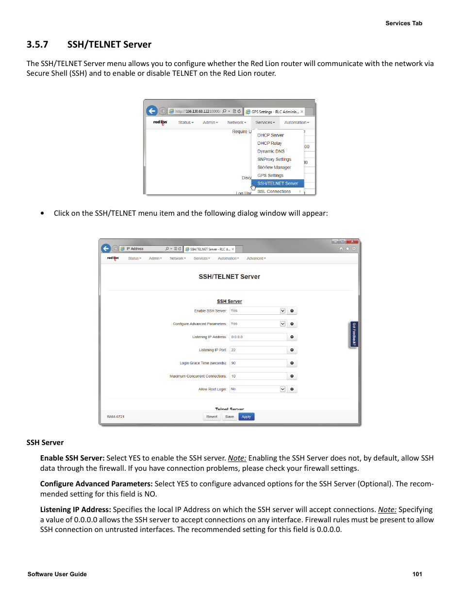 7 ssh/telnet server, 7 ssh/telnet, Server | Red Lion IndustrialPr 6000 Router User Manual | Page 101 / 186