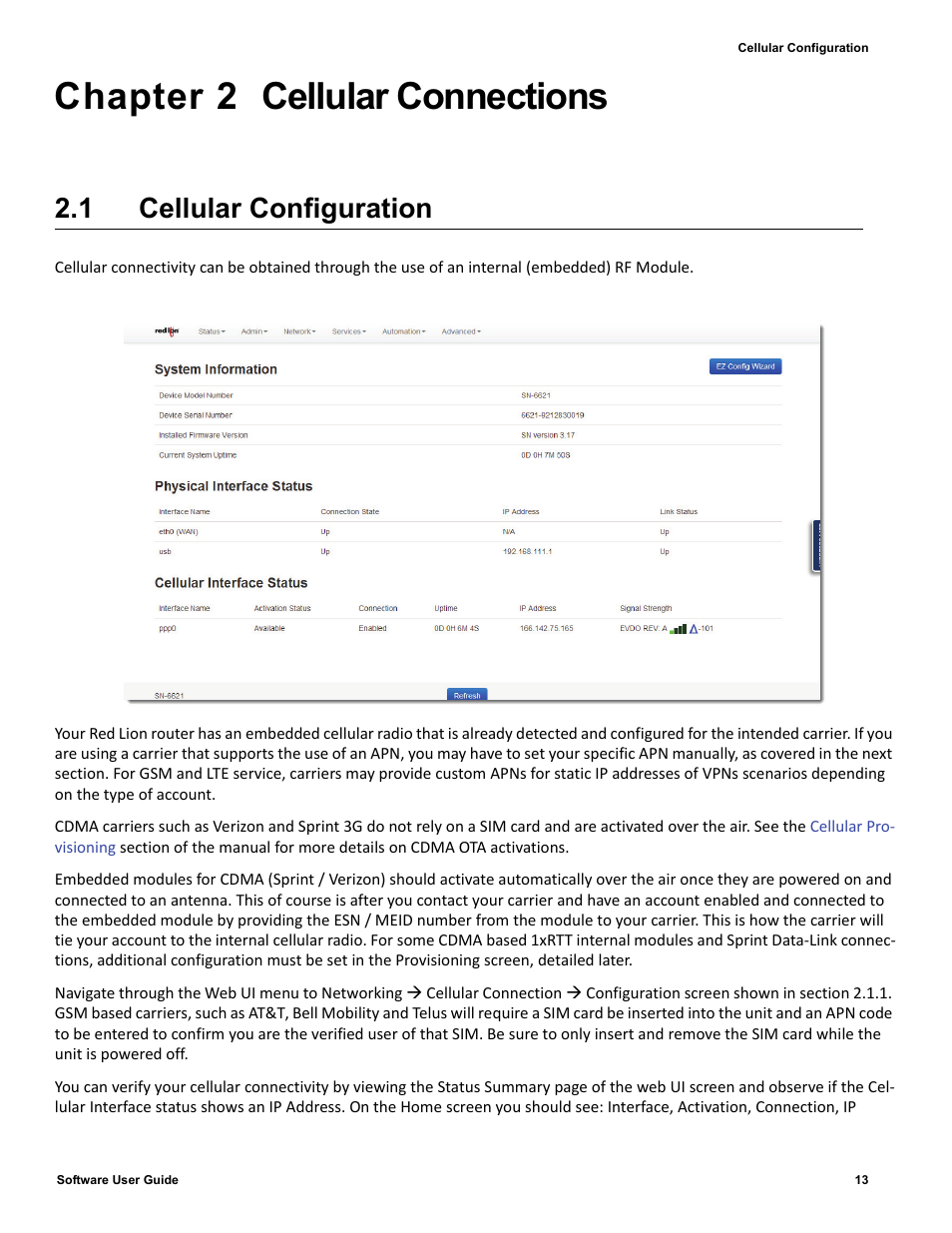 Chapter 2 cellular connections, 1 cellular configuration, Chapter 2 | Cellular configuration | Red Lion IndustrialPr 6000 Router User Manual | Page 13 / 186