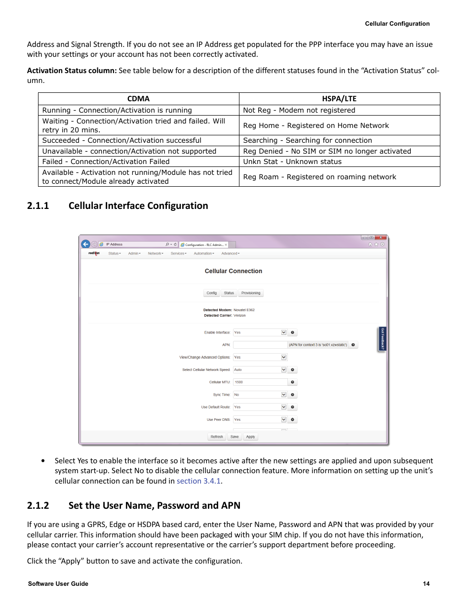 1 cellular interface configuration, 2 set the user name, password and apn, 1 cellular | Interface configuration | Red Lion IndustrialPr 6000 Router User Manual | Page 14 / 186