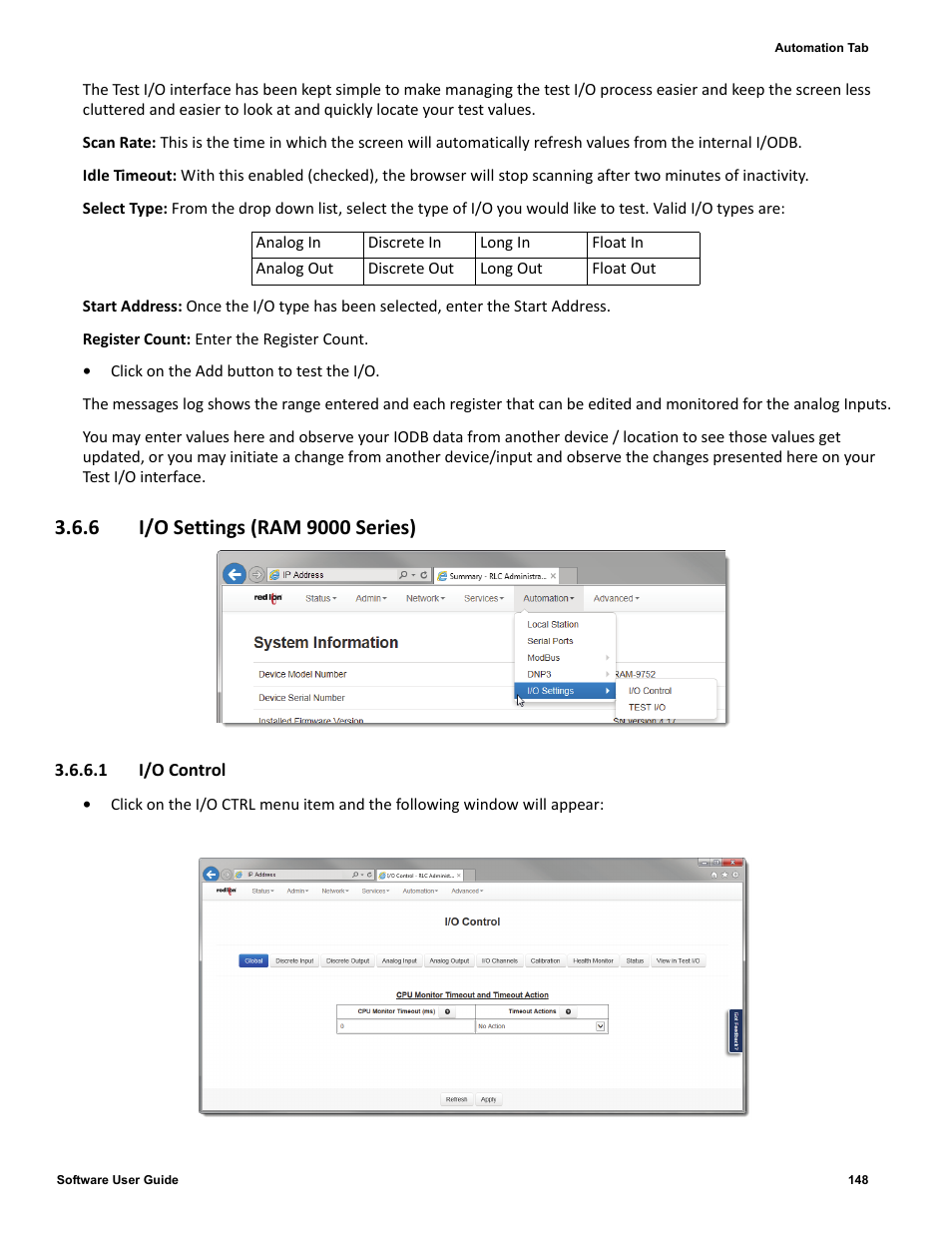 6 i/o settings (ram 9000 series), 1 i/o control | Red Lion IndustrialPr 6000 Router User Manual | Page 148 / 186