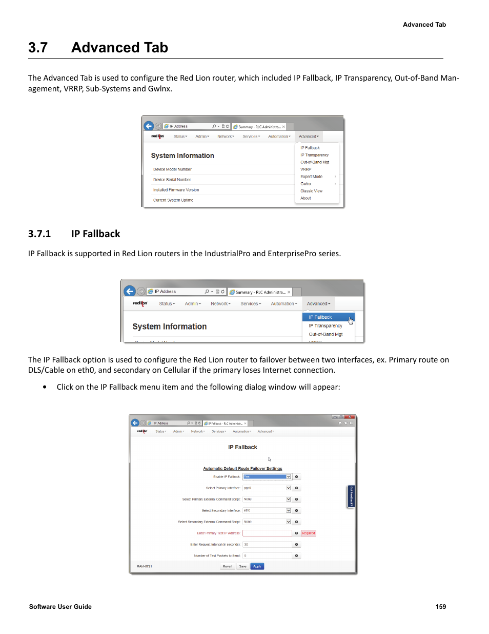 7 advanced tab, 1 ip fallback, Advanced tab | 1 ip, Fallback, Advanced | Red Lion IndustrialPr 6000 Router User Manual | Page 159 / 186