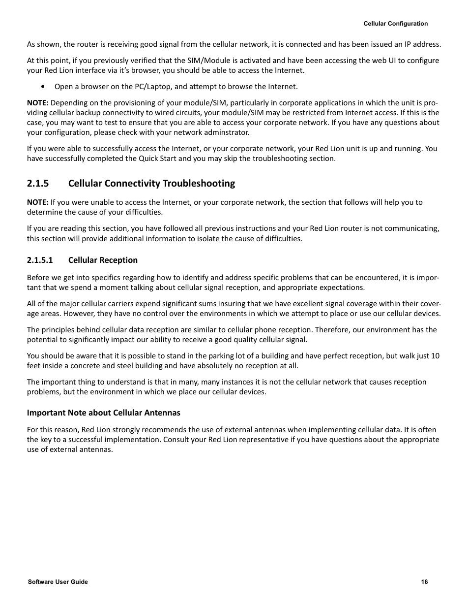 5 cellular connectivity troubleshooting, 1 cellular reception, 5 cellular | Connectivity, Troubleshooting | Red Lion IndustrialPr 6000 Router User Manual | Page 16 / 186