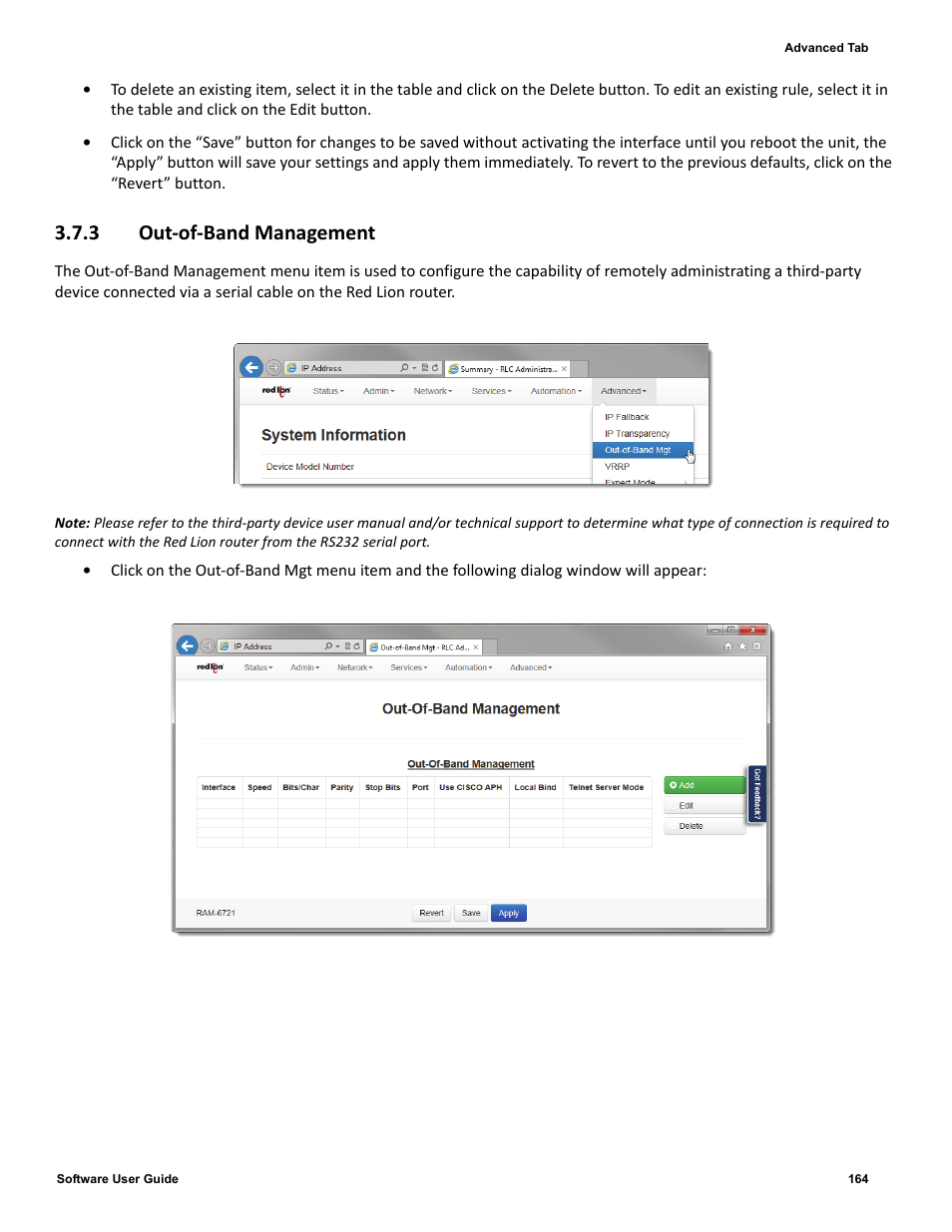 3 out-of-band management, 3 out-of-band, Management | 3 out‐of‐band management | Red Lion IndustrialPr 6000 Router User Manual | Page 164 / 186