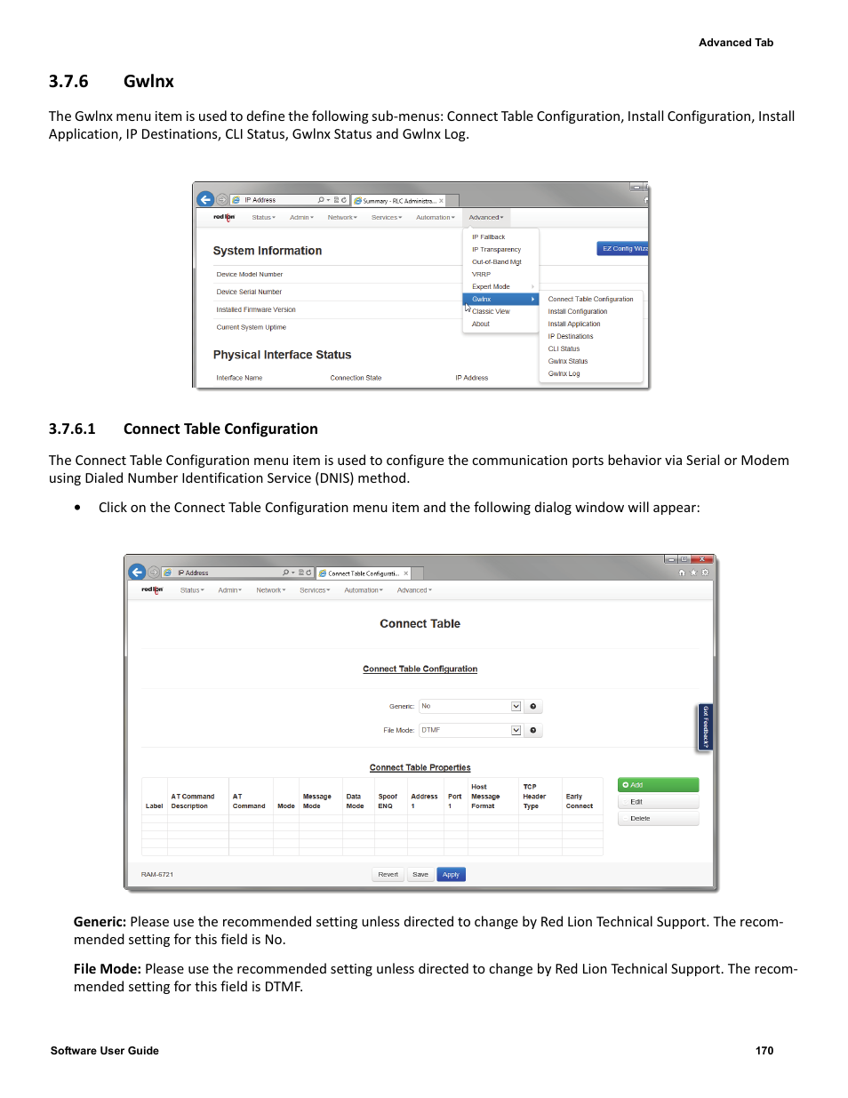 6 gwlnx, 1 connect table configuration | Red Lion IndustrialPr 6000 Router User Manual | Page 170 / 186