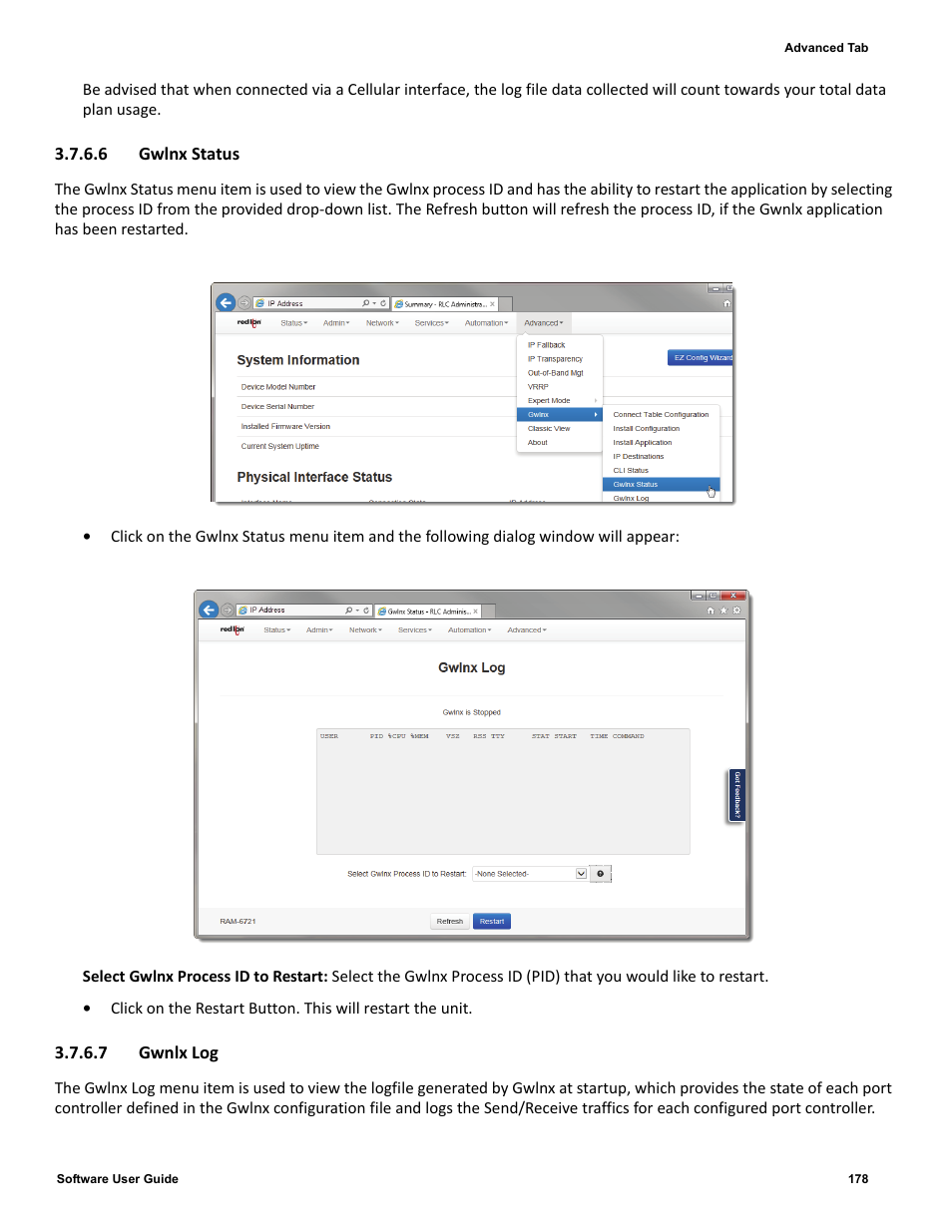 6 gwlnx status, 7 gwnlx log | Red Lion IndustrialPr 6000 Router User Manual | Page 178 / 186
