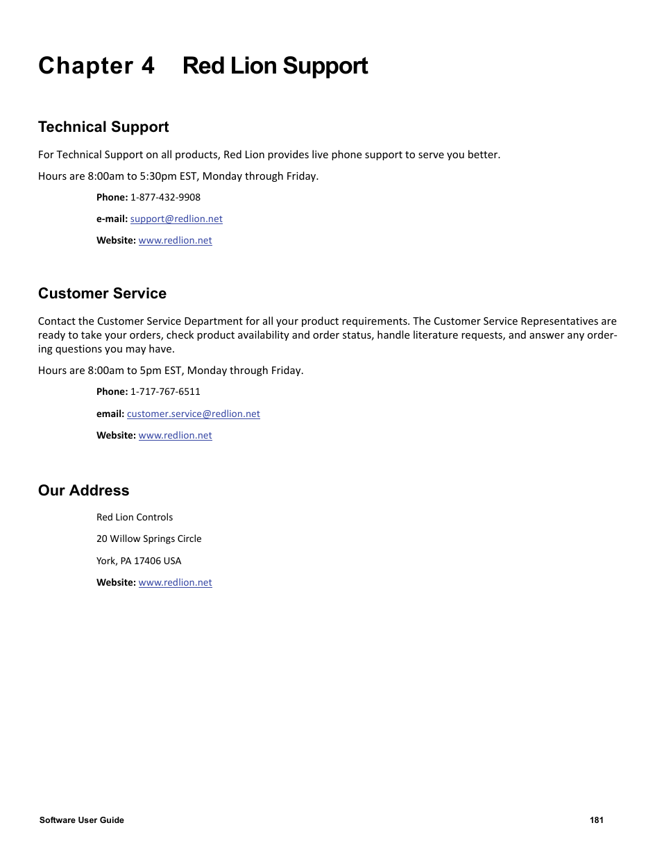 Chapter 4 red lion support, Chapter 4, Technical support | Customer service, Our address | Red Lion IndustrialPr 6000 Router User Manual | Page 181 / 186