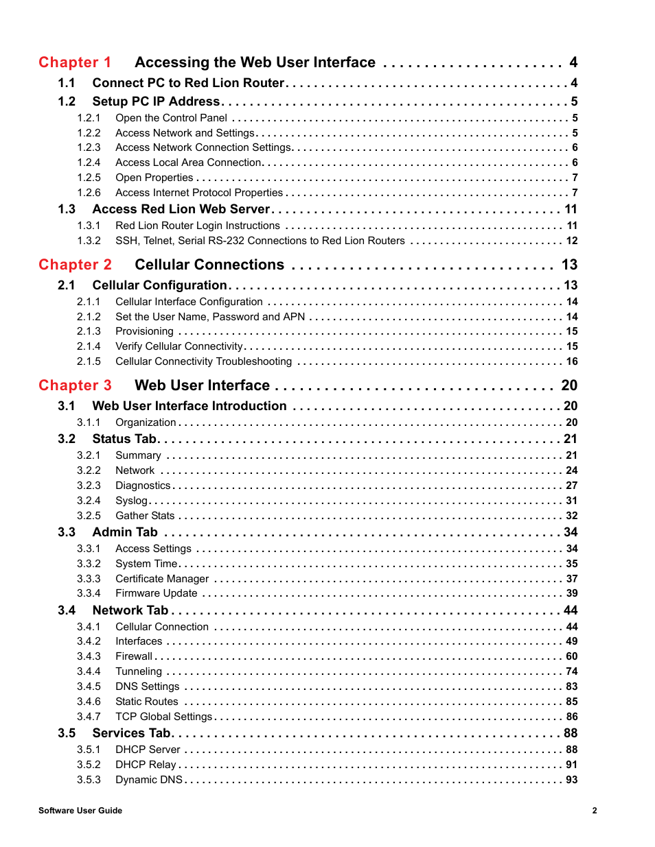 Chapter 1 accessing the web user interface, Chapter 2 cellular connections, Chapter 3 web user interface | Red Lion IndustrialPr 6000 Router User Manual | Page 2 / 186