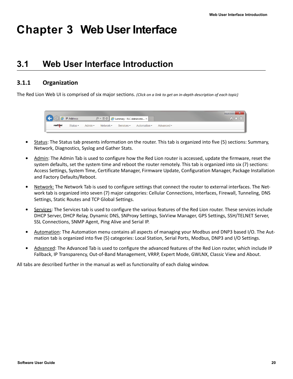 Chapter 3 web user interface, 1 web user interface introduction, 1 organization | Chapter 3, Web user interface introduction | Red Lion IndustrialPr 6000 Router User Manual | Page 20 / 186