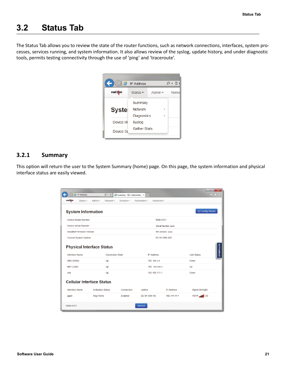 2 status tab, 1 summary, Status tab | Status | Red Lion IndustrialPr 6000 Router User Manual | Page 21 / 186