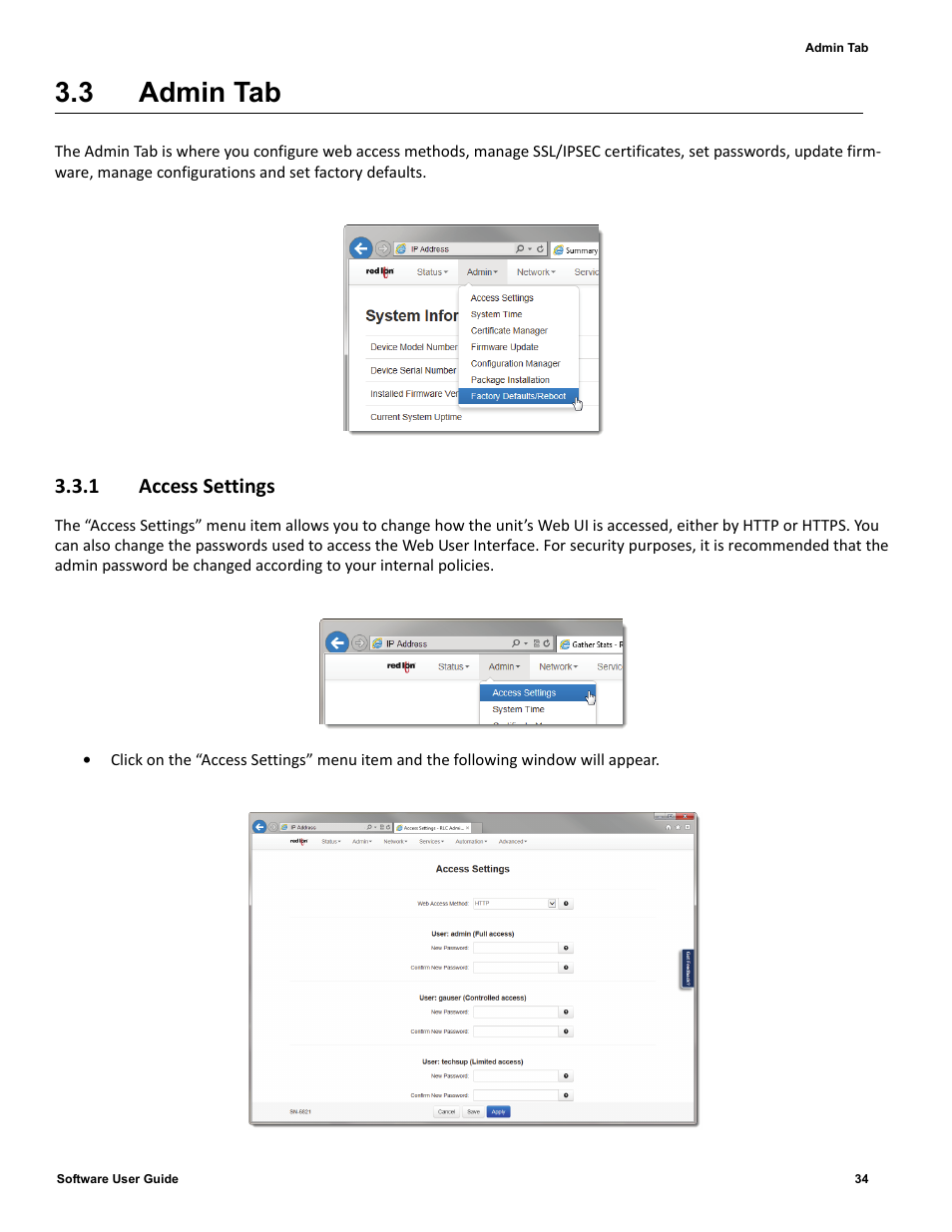 3 admin tab, 1 access settings, Admin tab | 1 access, Settings, Admin | Red Lion IndustrialPr 6000 Router User Manual | Page 34 / 186