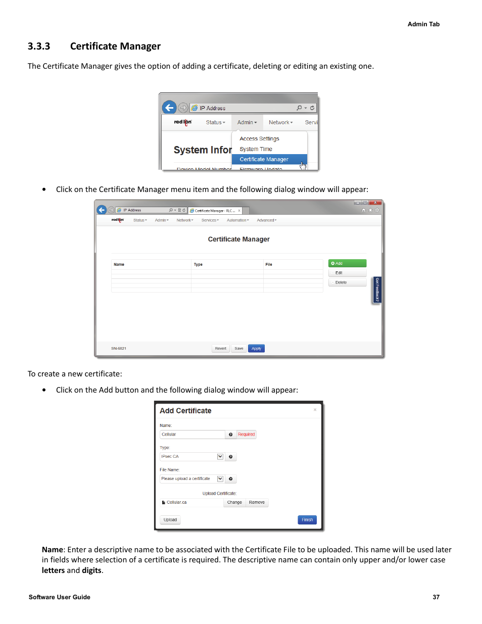 3 certificate manager, 3 certificate, Manager | Red Lion IndustrialPr 6000 Router User Manual | Page 37 / 186