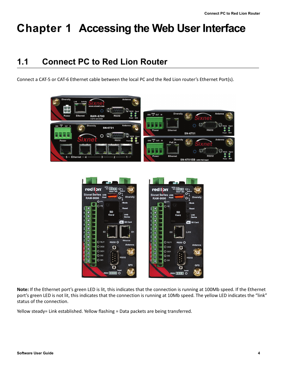 Chapter 1 accessing the web user interface, 1 connect pc to red lion router, Chapter 1 | Connect pc to red lion router | Red Lion IndustrialPr 6000 Router User Manual | Page 4 / 186