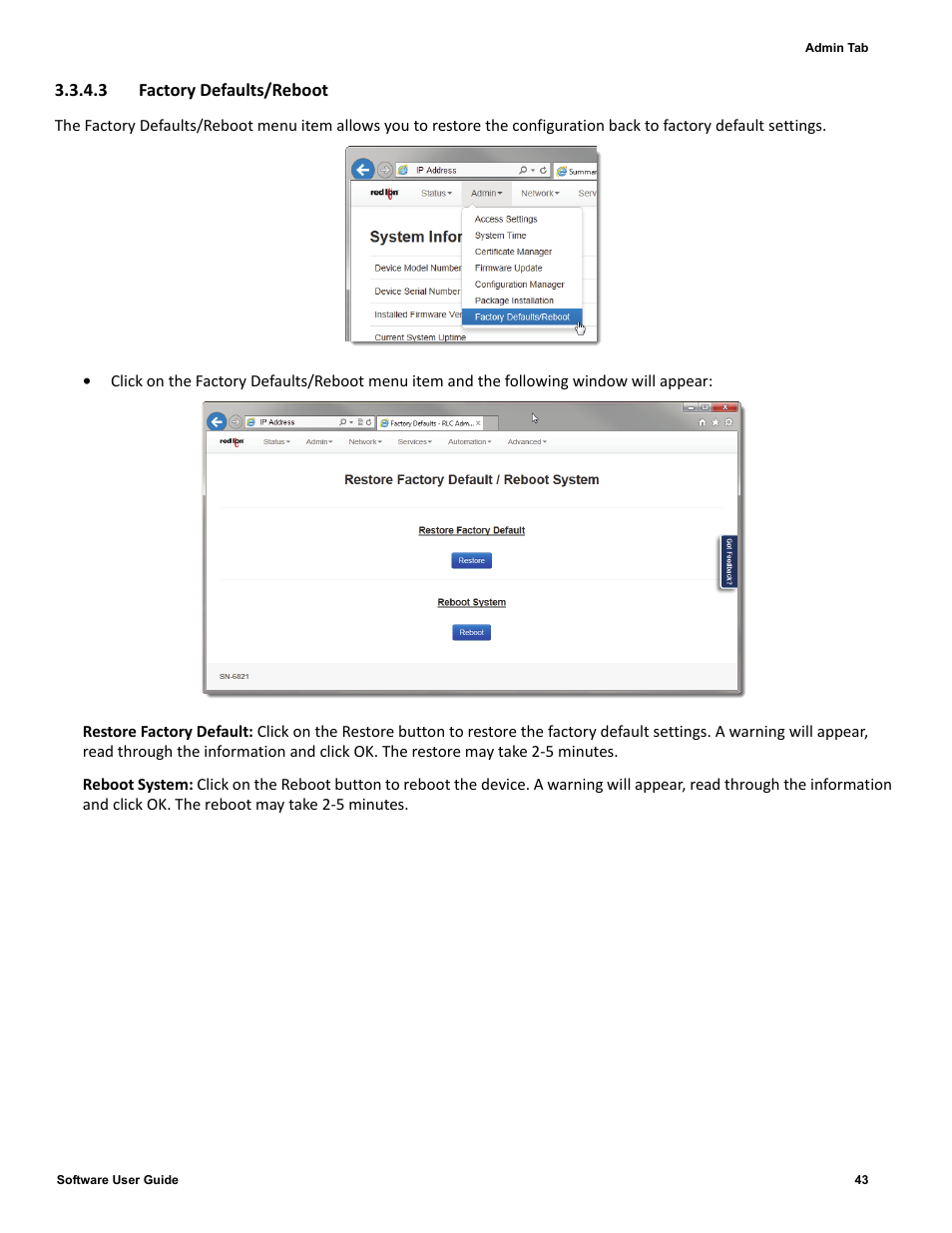 3 factory defaults/reboot | Red Lion IndustrialPr 6000 Router User Manual | Page 43 / 186