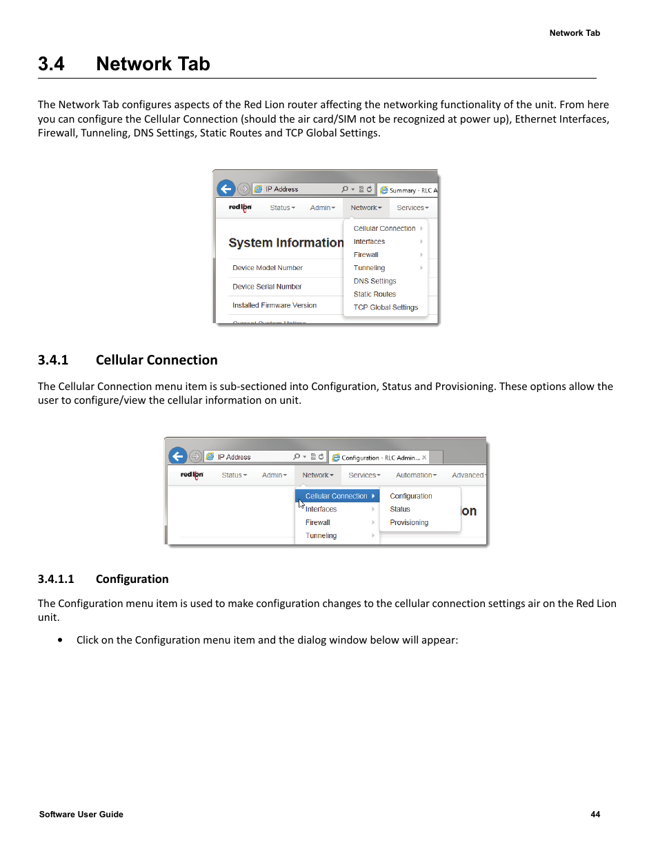 4 network tab, 1 cellular connection, 1 configuration | Network tab, 1 cellular, Connection, Network | Red Lion IndustrialPr 6000 Router User Manual | Page 44 / 186