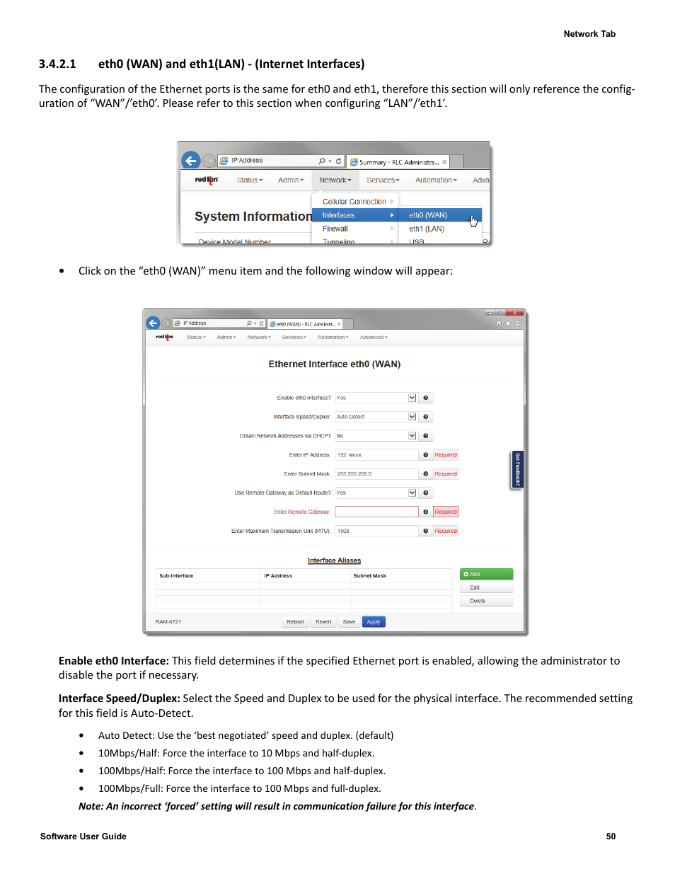 1 eth0 (wan) and eth1(lan) - (internet interfaces) | Red Lion IndustrialPr 6000 Router User Manual | Page 50 / 186