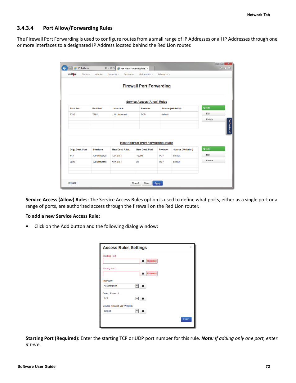 4 port allow/forwarding rules | Red Lion IndustrialPr 6000 Router User Manual | Page 72 / 186