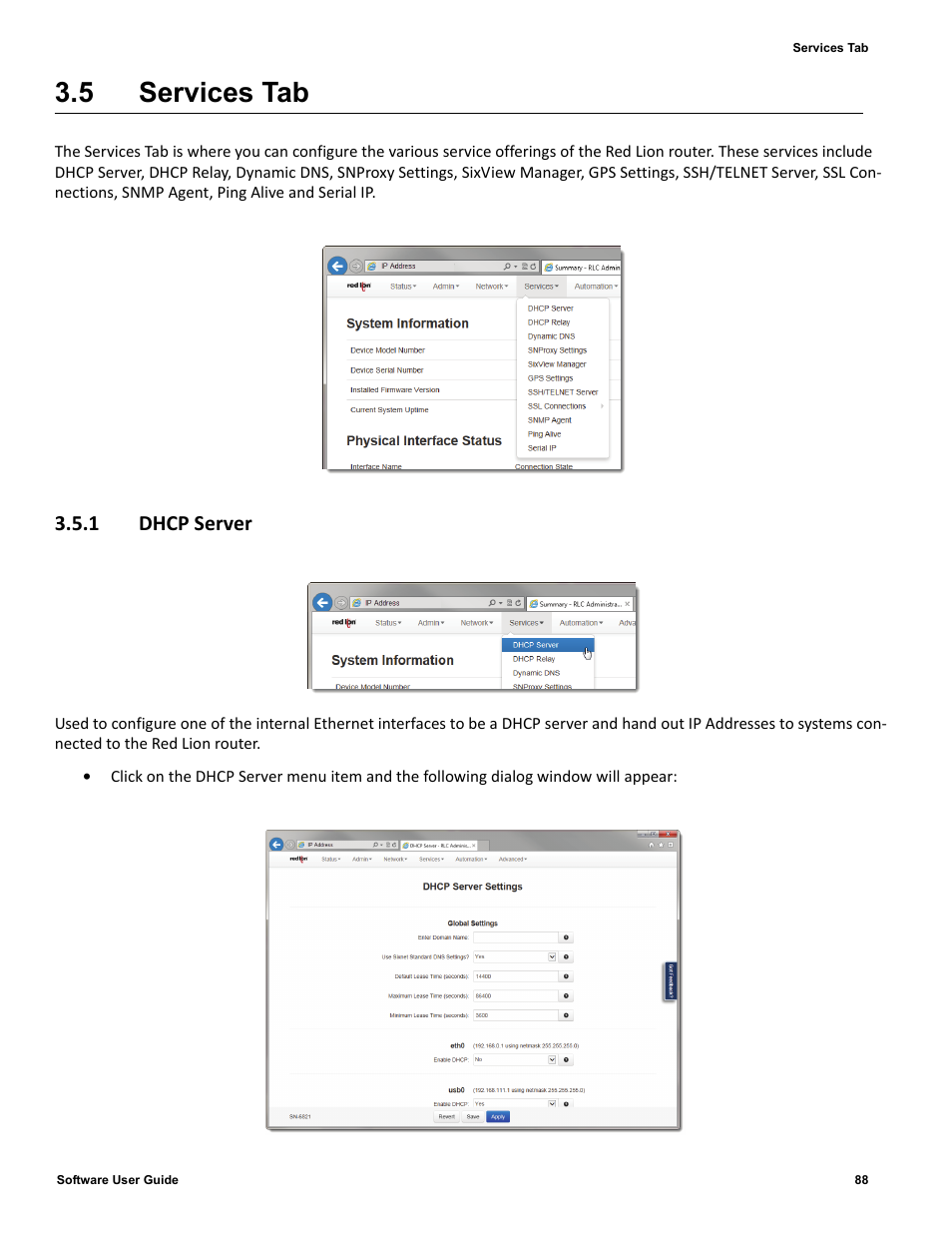 5 services tab, 1 dhcp server, Services tab | 1 dhcp, Server, Services | Red Lion IndustrialPr 6000 Router User Manual | Page 88 / 186