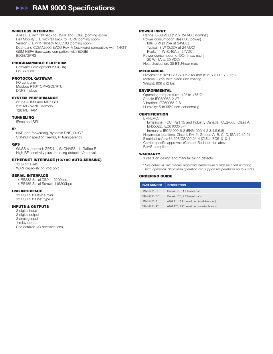 Ram 9000 specifications | Red Lion RA 9000 Cellular RTU User Manual | Page 2 / 3