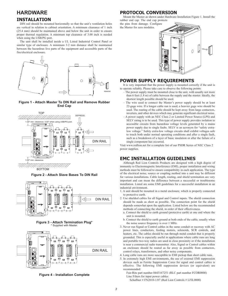 Hardware, Installation, Protocol conversion | Power supply requirements, Emc installation guidelines, Figure 4 - installation complete, Din rail | Red Lion CSMSTRZR User Manual | Page 3 / 8