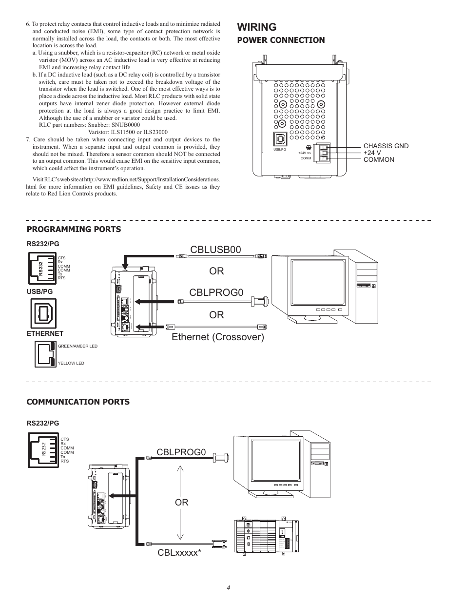 Wiring, Cblprog0 cblusb00 or ethernet (crossover) or, Or cblprog0 | Communication ports, Power connection programming ports, Chassis gnd | Red Lion CSMSTRZR User Manual | Page 4 / 8