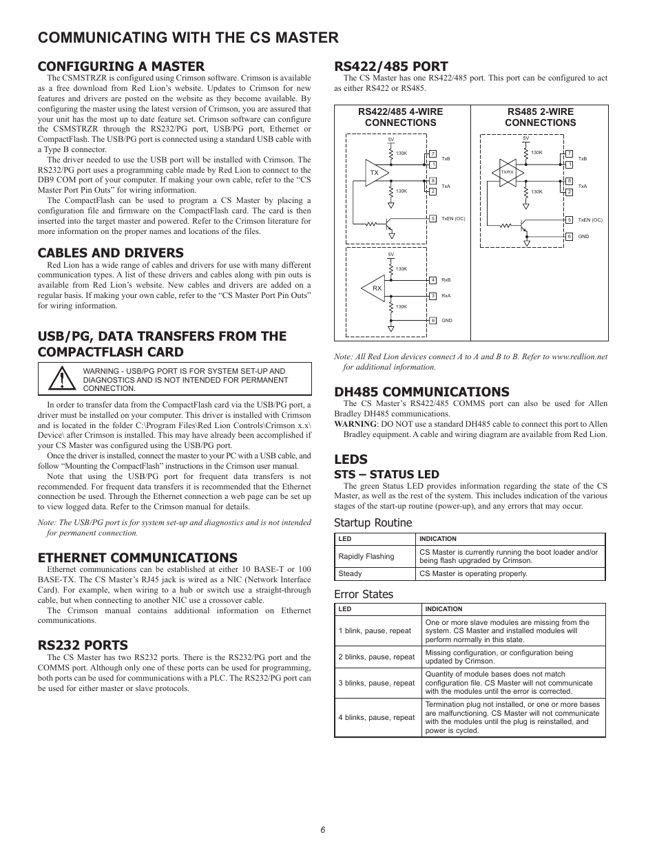 Communicating with the cs master, Configuring a master, Cables and drivers | Usb/pg, data transfers from the compactflash card, Ethernet communications, Rs232 ports, Dh485 communications, Leds, Sts – status led, Startup routine | Red Lion CSMSTRZR User Manual | Page 6 / 8