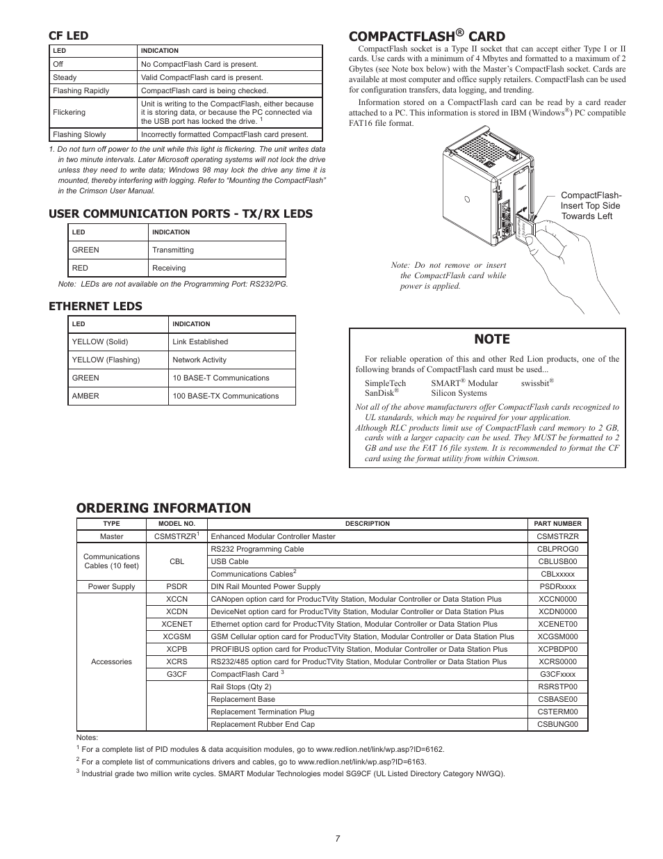 Compactflash, Card, Ordering information | Cf led, User communication ports - tx/rx leds, Ethernet leds | Red Lion CSMSTRZR User Manual | Page 7 / 8