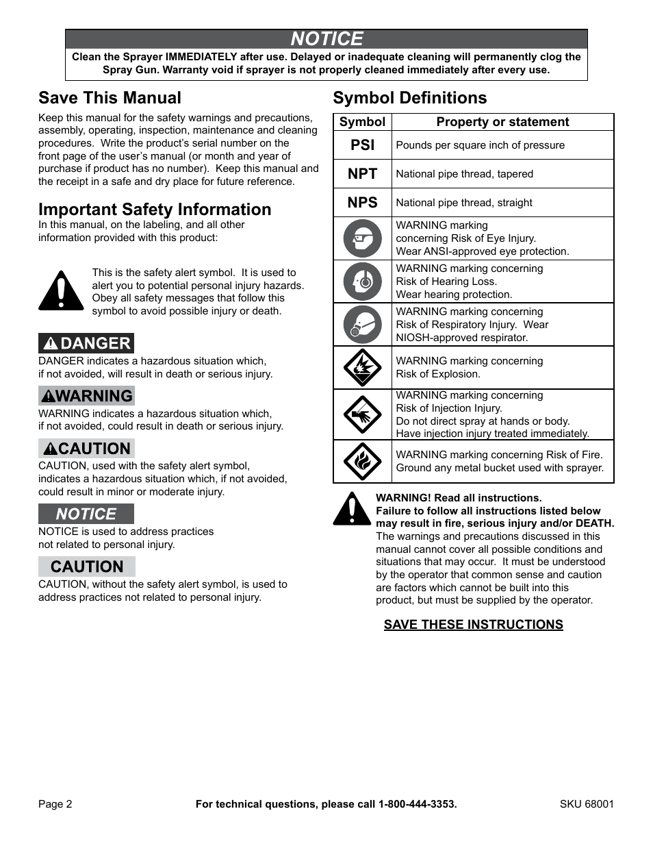 Notice, Save this manual, Important safety information | Symbol definitions | American Power Conversion Airless Paint Sprayer 68001 User Manual | Page 2 / 24