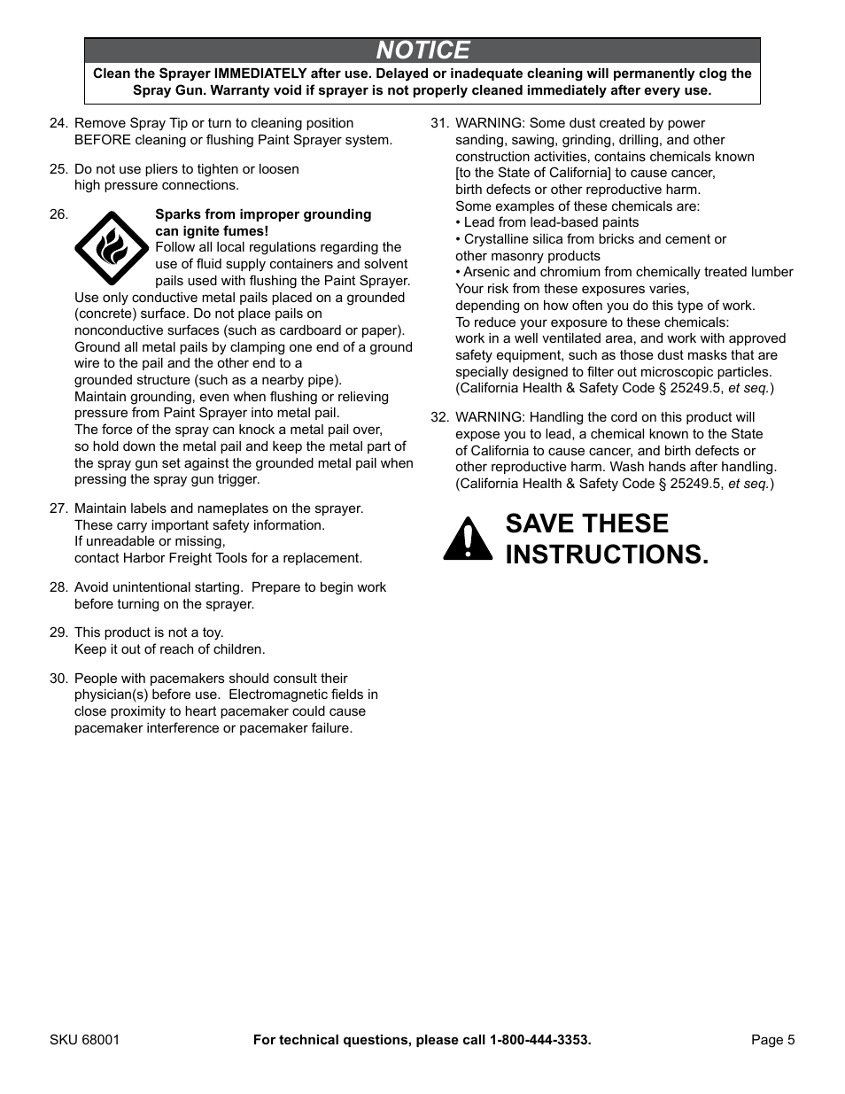 Save these instructions, Notice | American Power Conversion Airless Paint Sprayer 68001 User Manual | Page 5 / 24