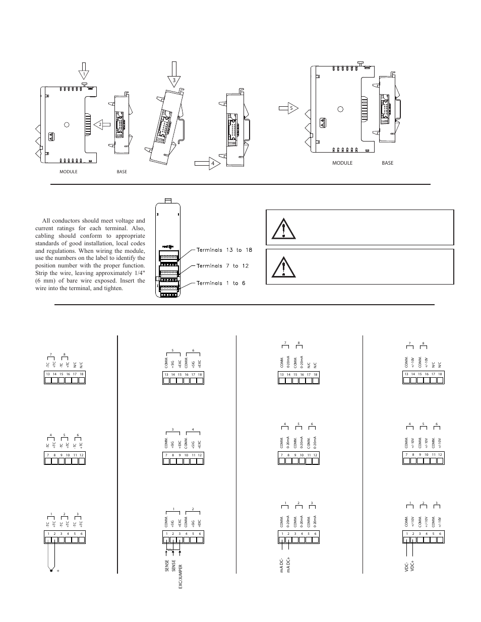 Wiring, Hardware installation, Wiring connections | Input connections, Attach the module base to the din rail, Attach module to base separate base from module, Cstc csinv csini, Csrtd | Red Lion CSRTD6 User Manual | Page 5 / 8