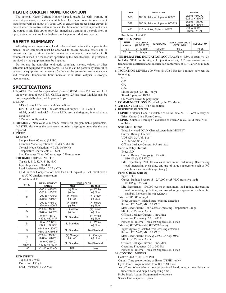 Safety summary, Specifications, Heater current monitor option | Red Lion CSPID User Manual | Page 2 / 8