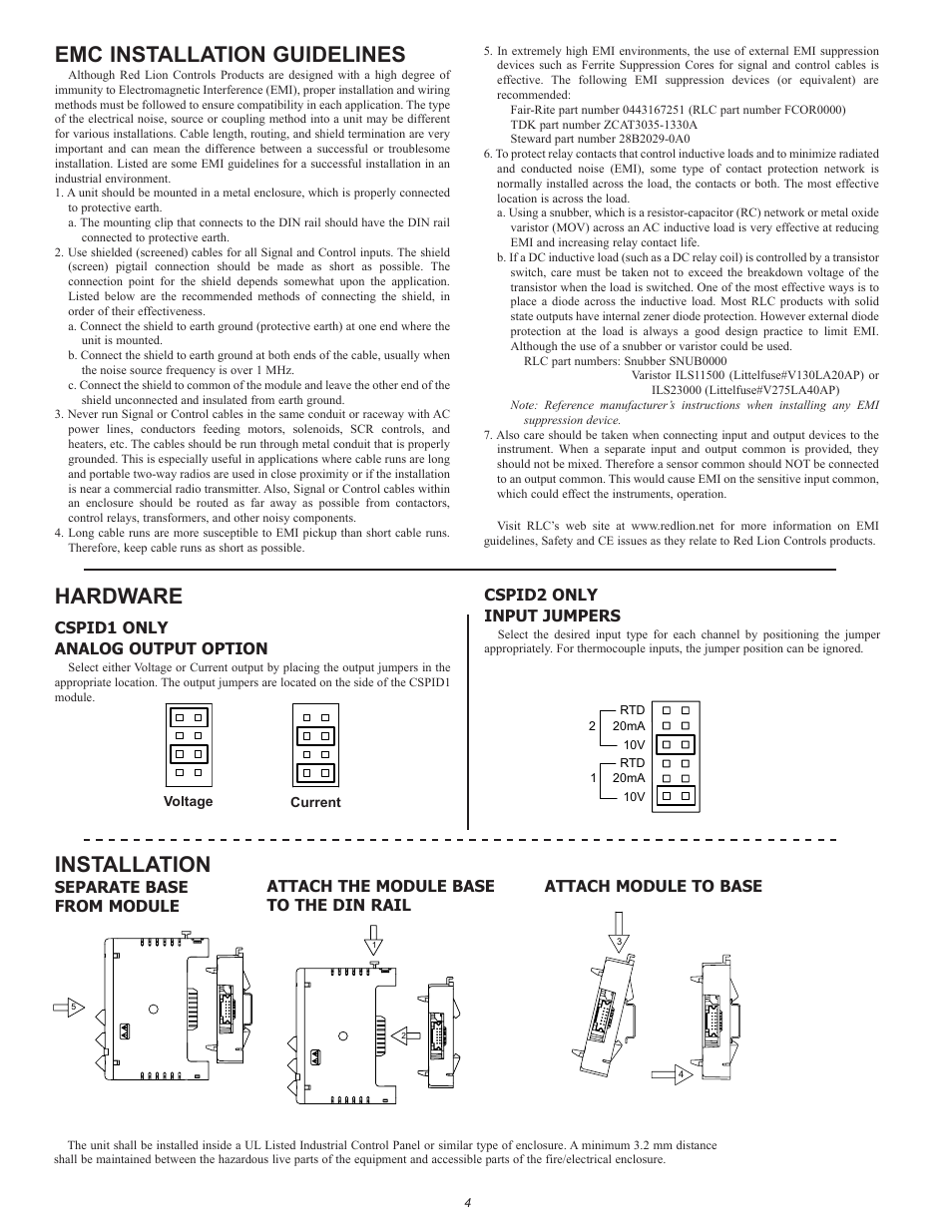 Emc installation guidelines, Hardware, Installation | Cspid1 only analog output option, Cspid2 only input jumpers, Attach the module base to the din rail, Attach module to base, Separate base from module | Red Lion CSPID User Manual | Page 4 / 8