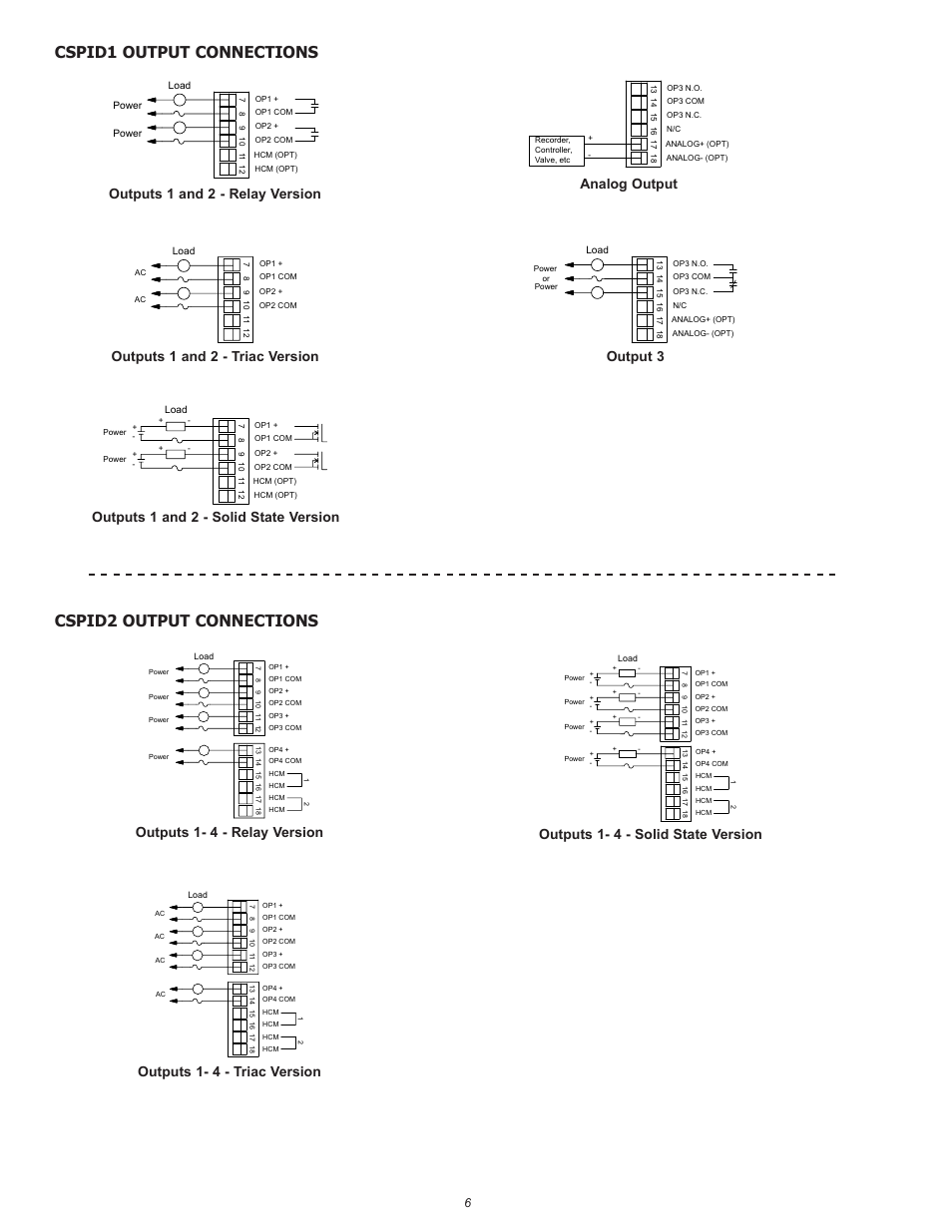 Cspid1 output connections, Cspid2 output connections, Outputs 1 and 2 - triac version | Red Lion CSPID User Manual | Page 6 / 8