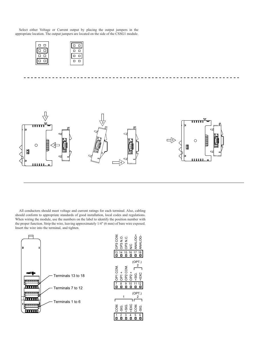 Wiring, Hardware, Installation | Wiring connections, Analog output option, Attach the module base to the din rail, Attach module to base, Separate base from module | Red Lion CSSG User Manual | Page 4 / 8
