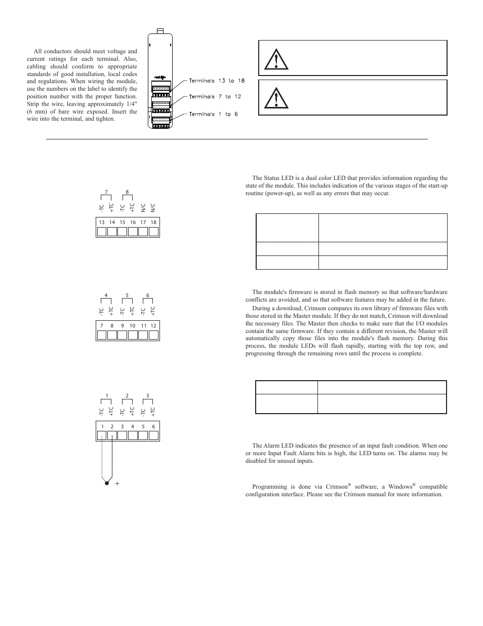 Wiring, Leds, Configuration | Wiring connections, Input connections, Sts – status led, Startup routine firmware upgrade, Error states alm – alarm led | Red Lion CSRTD6 User Manual | Page 4 / 4