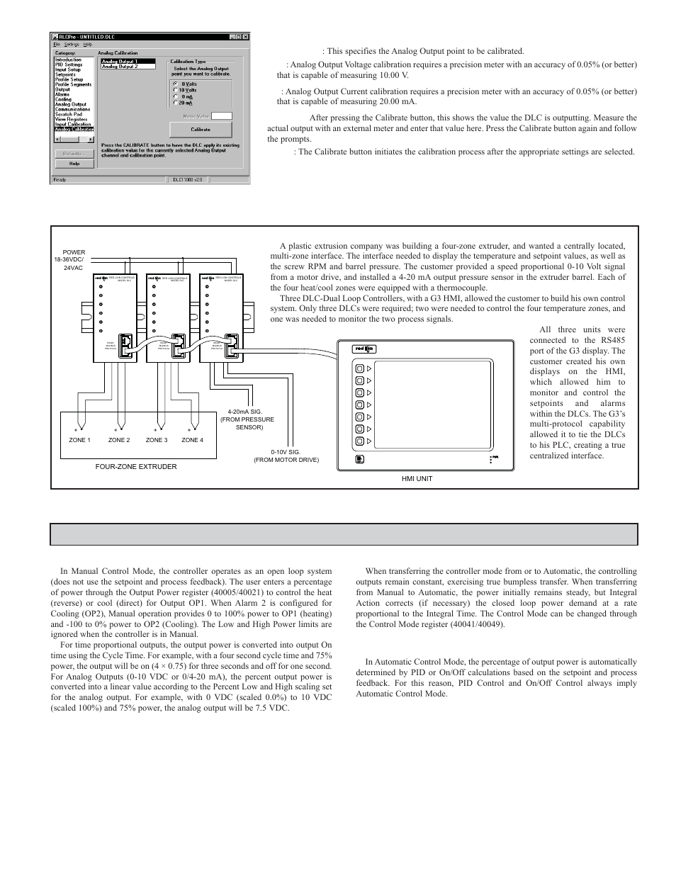 Control mode explanations, Application, Manual control mode | Mode transfer, Automatic control mode, Analog output calibration | Red Lion DLC User Manual | Page 17 / 28