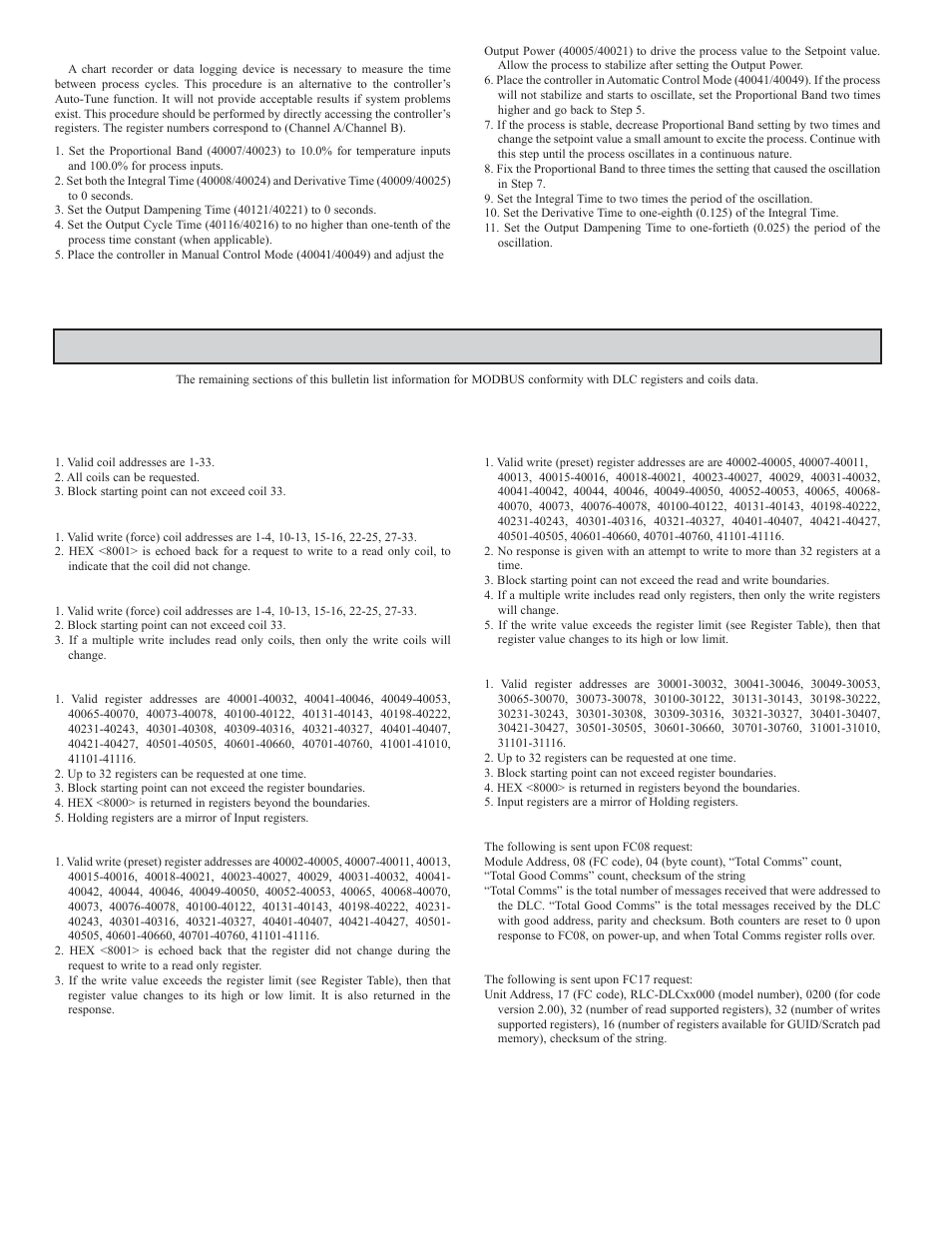 Modbus information, Manual tuning, Modbus supported function codes | Red Lion DLC User Manual | Page 20 / 28