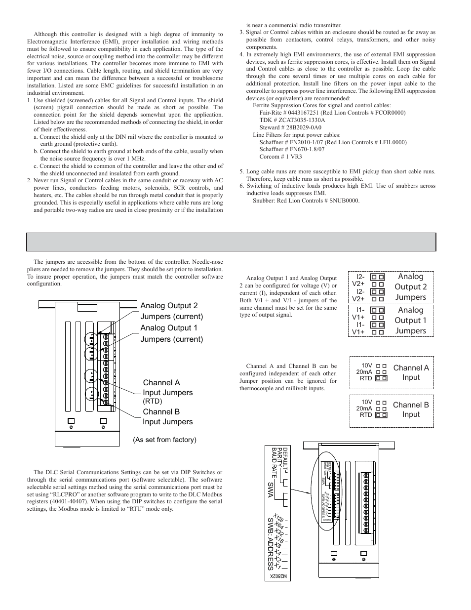 Step 1 setting the jumpers and dip switches, Analog dc outputs (optional), Inputs | Analog output 2 jumpers analog output 1 jumpers, Emc installation guidelines, Serial dip switch settings | Red Lion DLC User Manual | Page 4 / 28