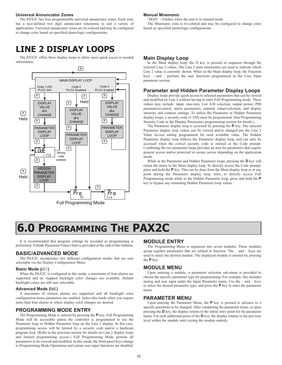 Pax2c, Rogramming, Line 2 display loops | Code, Main display loop, Parameter and hidden parameter display loops, Basic/advanced mode, Programming mode entry, Module entry, Module menu | Red Lion PAX2C User Manual | Page 10 / 56